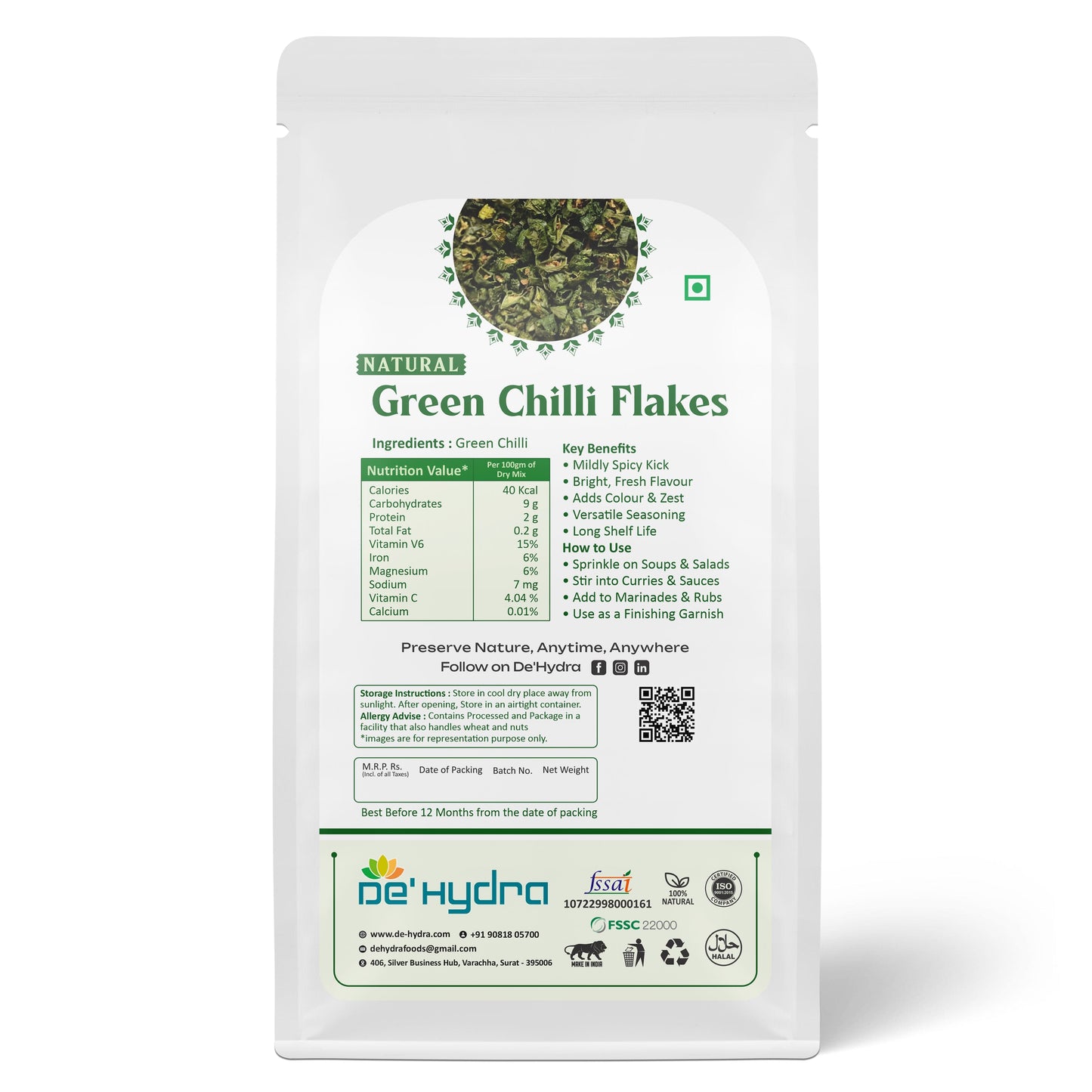 De'hydra Flakes Dehydrated Green Chilli Flakes