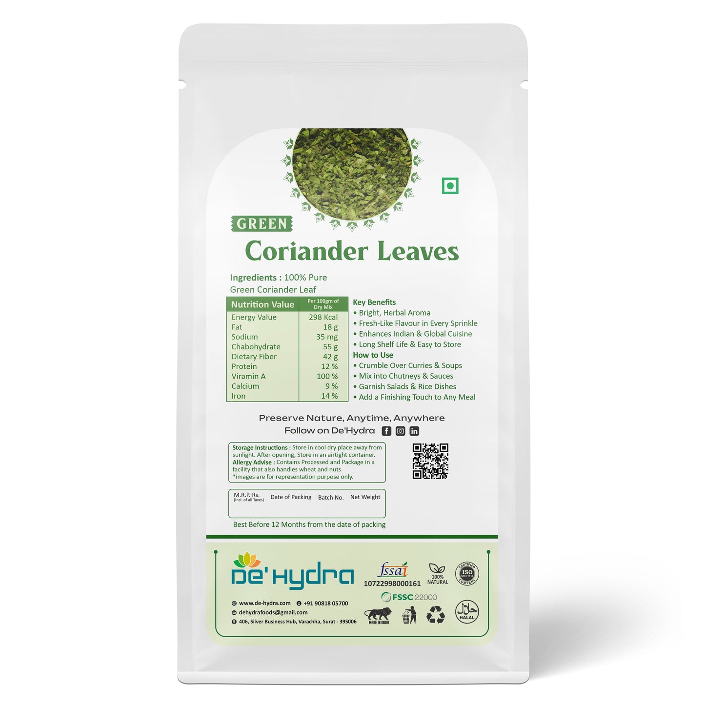 De'hydra Leaves Dehydrated Green Coriander Leaves