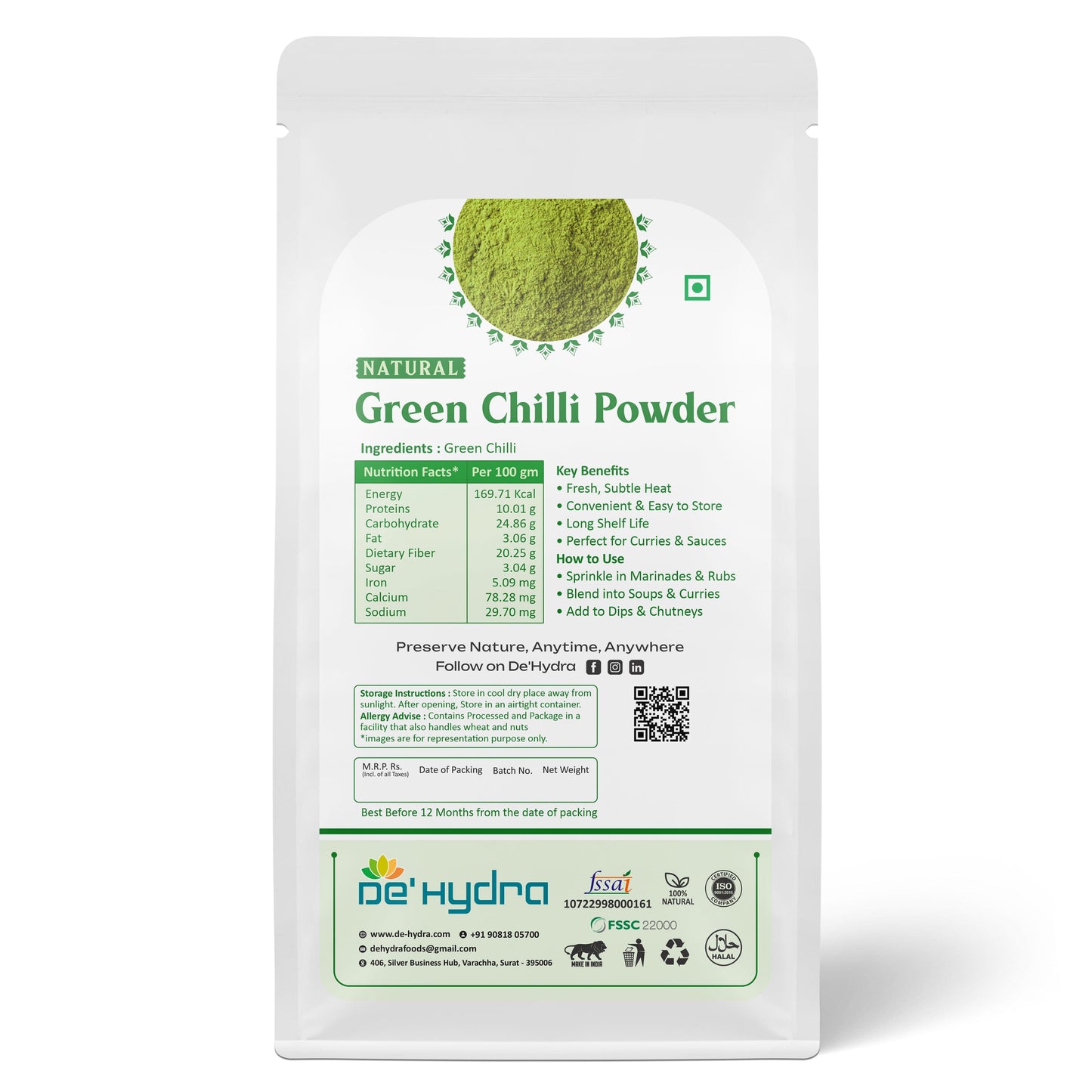 De'hydra powder Dehydrated Green Chilli Powder