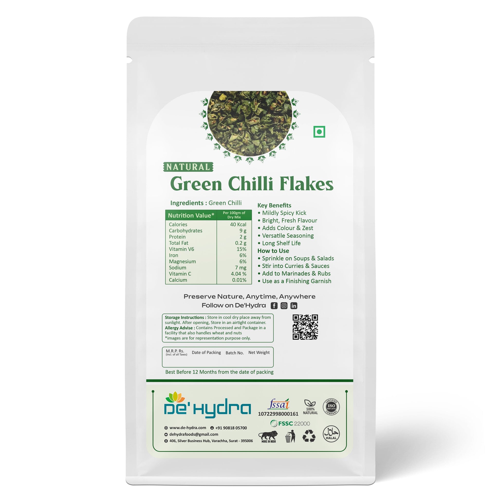 De'hydra Flakes Dehydrated Green Chilli Flakes